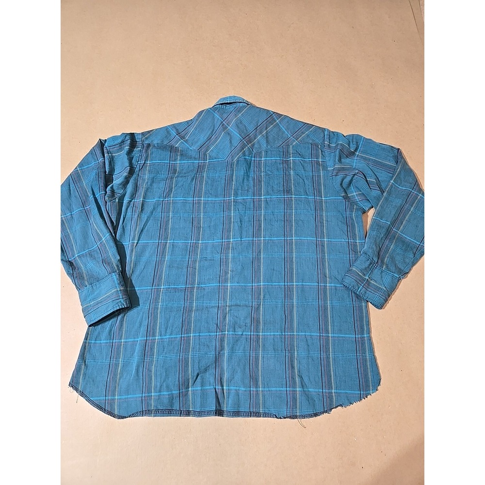 Wrangler Western Shirt Teal Plaid Long Sleeve Pearl Snap Cowboy Rancher XL - Picture 8 of 9